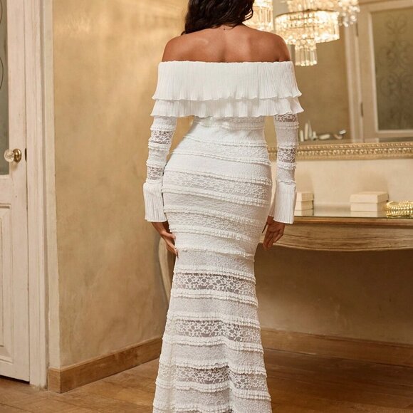 White Elegant Women's Sexy Knit Lace Ruffle Trim Long Sleeve Fitted Dress - Picture 3 of 6